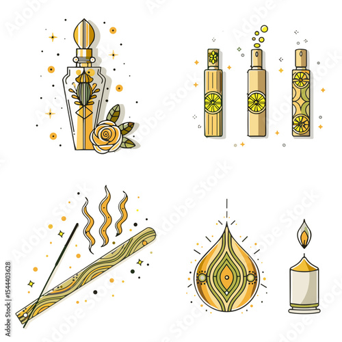 Aromatherapy Icon Set with rose oil bottle, aroma diffuser, aroma sprays and aroma stick for Wellness Apps, Essential Oil Branding, Spa Marketing Materials and Holistic Health Websites