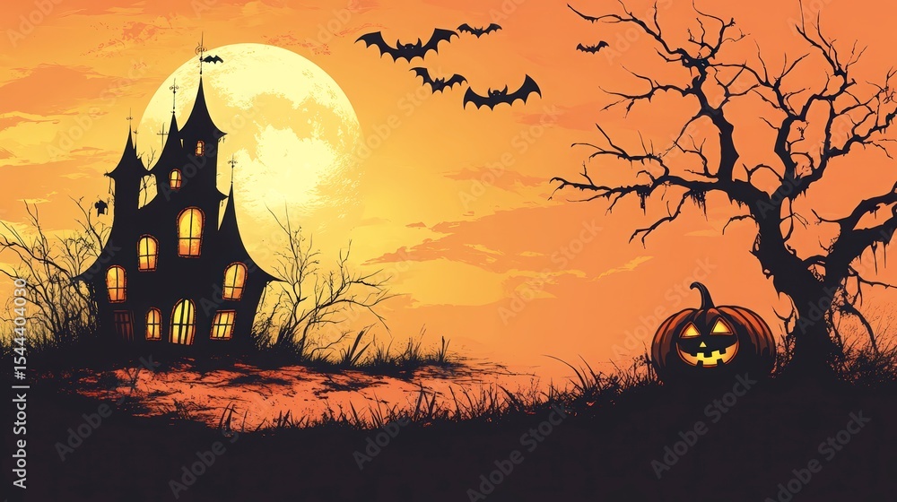 Spooky Halloween Night Scene with Haunted House, Pumpkin, and Bats Spooky Halloween Night Scene with Haunted House, Pumpkin, and Bats