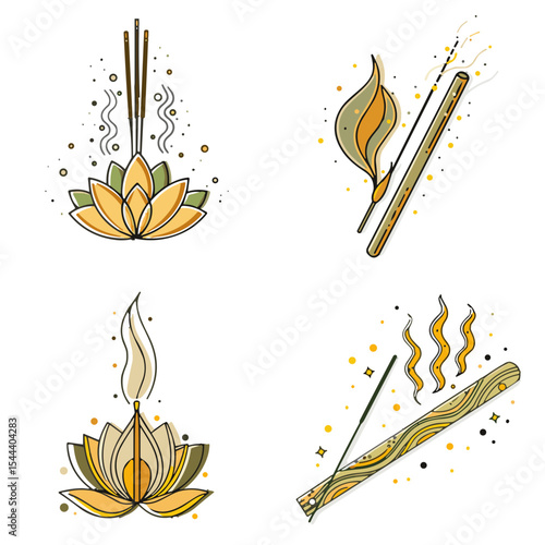 Lotus and Incense Icons Set  - Incense stick for meditation blogs, aromatherapy clipart, wellness websites, spa design, educational materials, presentations, and holistic health