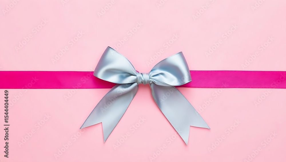 Silver satin ribbon bow tied on a bright pink background Silver satin ribbon bow tied on a bright pink background