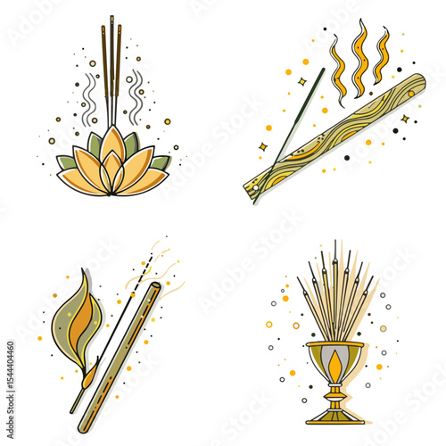Elegant Incense Holder Icons Set with diffuser and incense stick for aromatherapy blogs, wellness websites, spa clipart, meditation design, educational materials, presentations, and holistic awareness