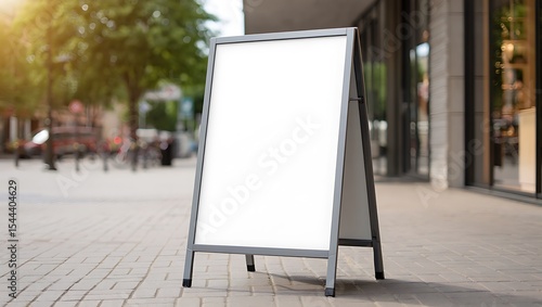 Blank sandwich board sign stands on city sidewalk near shops