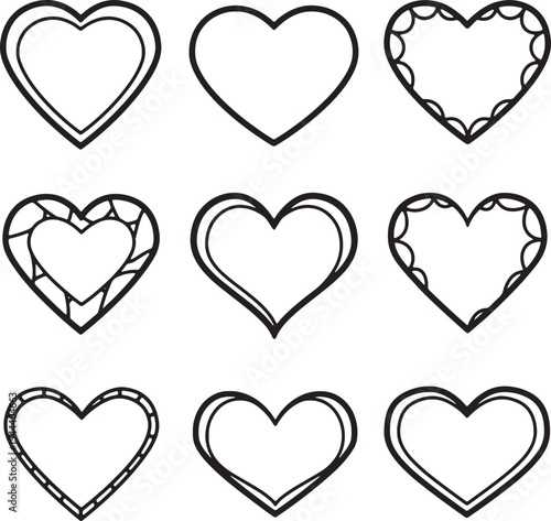 Collection of Nine Unique Heart Shapes Outline Drawings for Design Projects, Coloring Pages, and Romantic Crafts