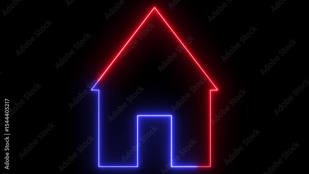 Home icon animation glowing neon red and blue color house apartment address sign symbol on black background Home icon animation glowing neon red and blue color house apartment address sign symbol on black background