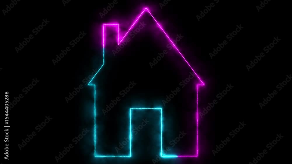 Home icon animation glowing neon pink and cyan color house apartment address sign symbol on black background Home icon animation glowing neon pink and cyan color house apartment address sign symbol on black background