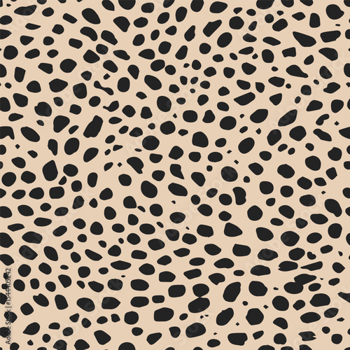 Leopard skin seamless pattern with natural, swirling animal black spots, on a light beige background. Animal classic fur illustration. Cheetah leather endless print design.