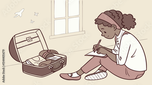 Girl with dark hair sitting next to open suitcase writing on paper with window and plane drawings behind 100