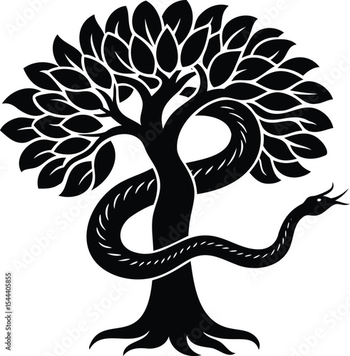 Stylized black and white image of a snake wrapped around a tree
