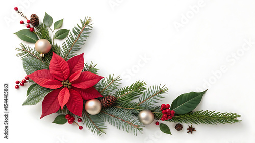 Festive Christmas Corner Decoration with Poinsettia, Pine Branches, Ornaments, and Berries on a Clean White Background for Holiday Cheer