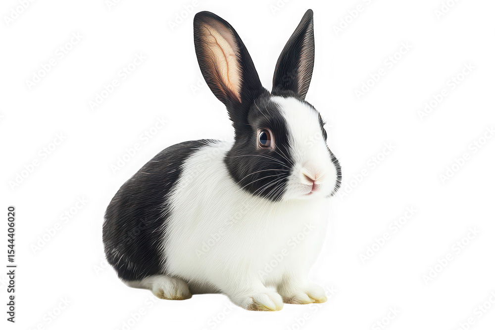 Obraz premium Adorable dutch rabbit portrait, cute bunny with black and white markings, pet animal photography, stock image, isolated on transparent background