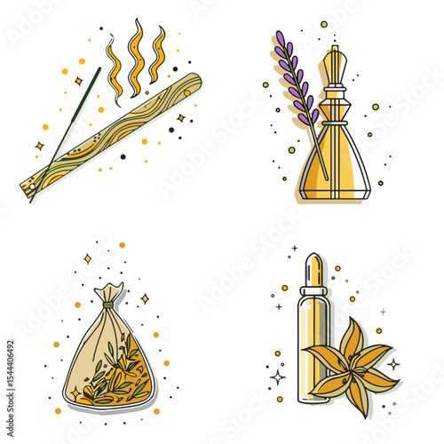 Aromatherapy Icon Collection with aroma sachet, lavender, incense stick, bottle and aroma oil for Wellness Apps, Essential Oil Product Design, Spa Branding and Relaxation Website Elements