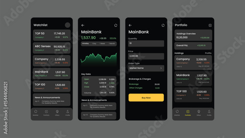 Flat web UI design elements set with navigation templates, buttons, forms, and icons for Share market Profit and Loss Stock website and app interfaces. Dark background Design.