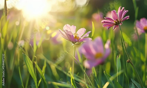 Pink Cosmos Flowers in a Sun Drenched Meadow with Green Grass Bokeh Background Warm Lighting Floral Theme