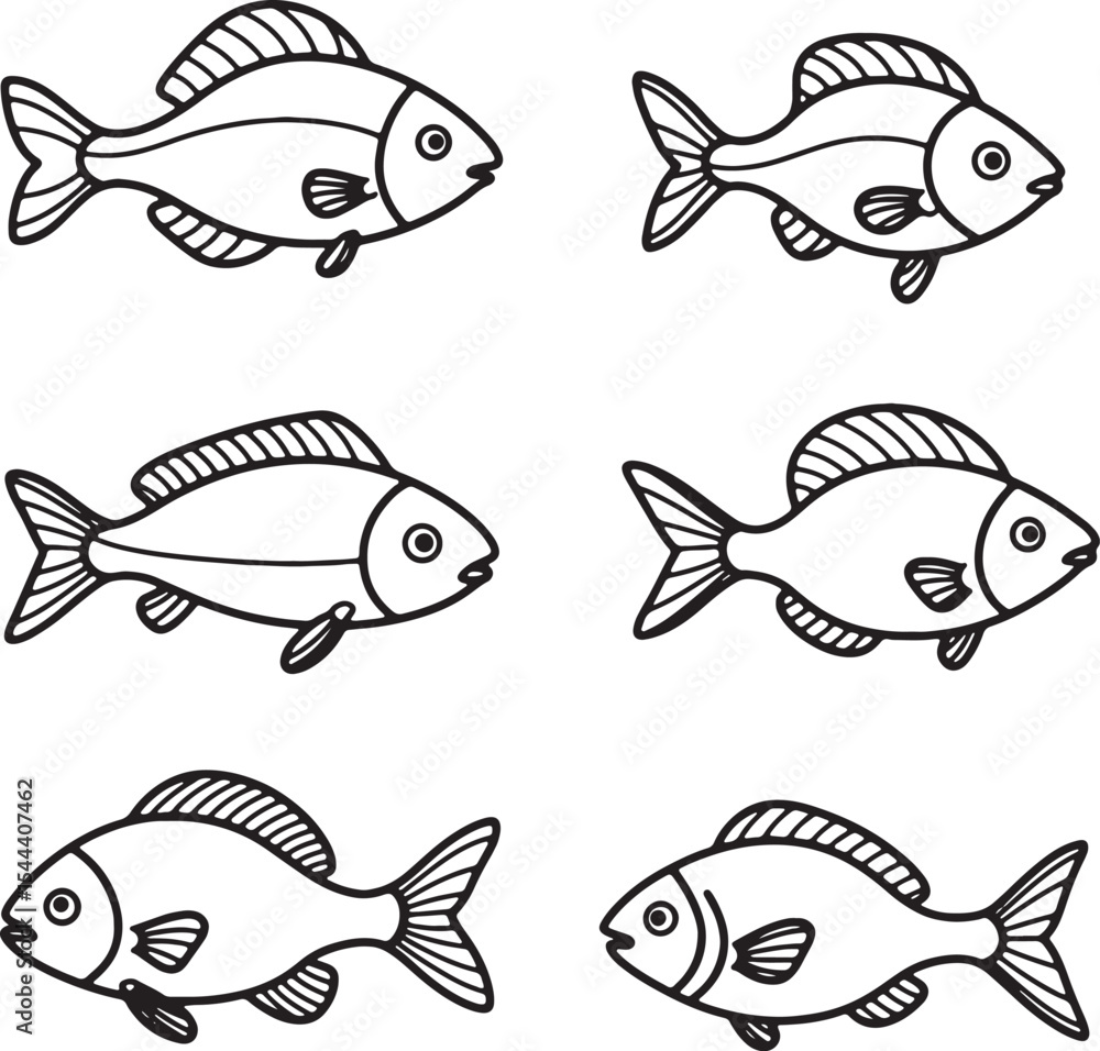 Fototapeta premium Collection of Six Line Drawings Simple Fish Illustrations, Perfect for Coloring Pages, Kids Activities, or Educational Resources