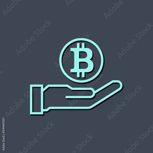 Hand holding cryptocurrency coin, flat vector on dark background, Dark Mode UI style