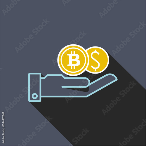 Hand holding coin and cryptocurrency coin, flat vector on dark background, Dark Mode UI style