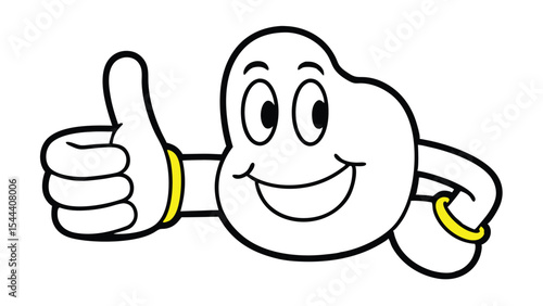 Cartoon character with a white body and black outline giving a thumbs up with a happy expression