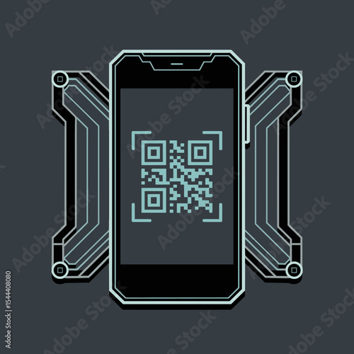 Phone with QR code flat vector on dark background, Dark Mode UI style