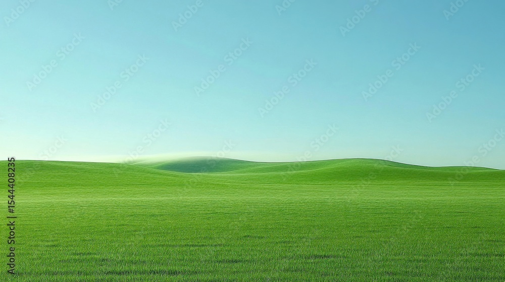 Fototapeta premium Green Field With Blue Sky Landscape Scenery Grassy Hill View