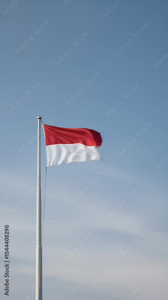 Indonesia Flag Waving Against a Clear Blue Sky Indonesia Flag Waving Against a Clear Blue Sky