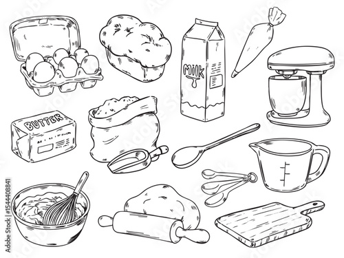Set of hand drawn baking ingredient and cooking utensil elements outline drawing illustration