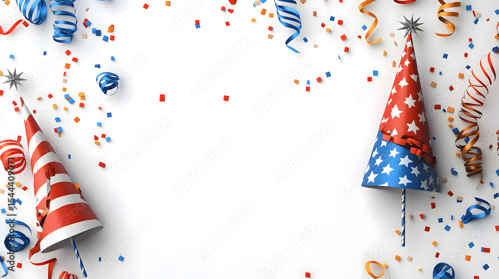 Fototapeta premium USA patriotic celebration banner: red white blue paper party hat with star print and confetti on white background with copy space
