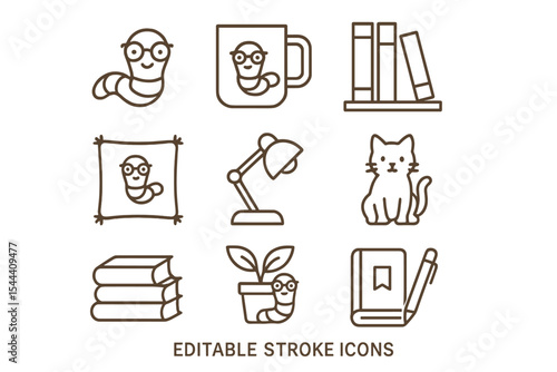 Cute bookworm icon set with coffee mug and bookshelf in line art style