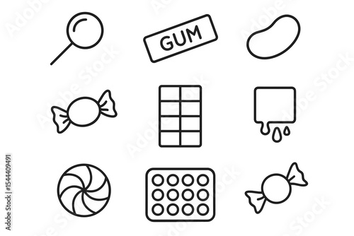 Assorted candy icons: lollipop, gum, jellybean, hard candy, chocolate, caramel, peppermint, gummies