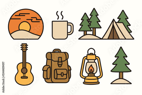 Outdoor adventure icons: camping, hiking, sunrise, and nature elements