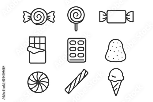 Assorted candy illustrations: lollipop, chocolate, ice cream, and sweets icons