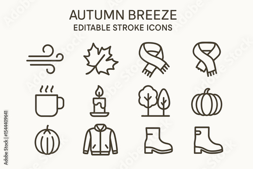 Autumn breeze icons: leaves, scarves, candles, trees, pumpkins