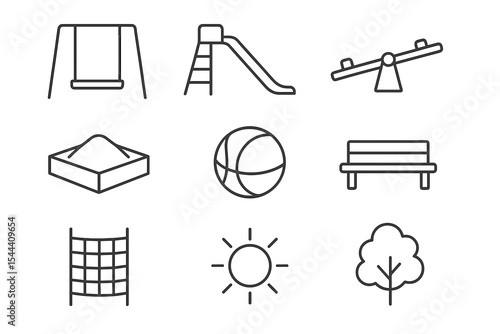 Playground equipment icons: swing, slide, seesaw, sandbox, ball, bench, net, sun, tree