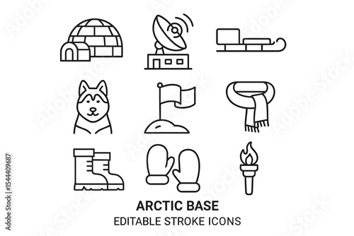 Arctic base icons: sled, igloo, torch, dog, satellite, mittens