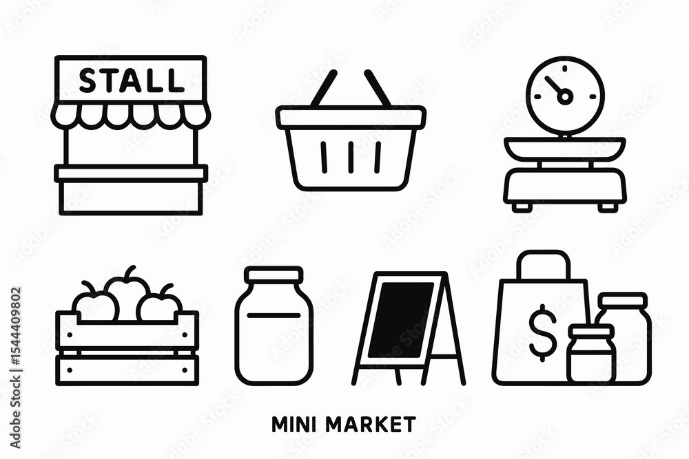 Mini market icons: stall, basket, scale, produce, jar, chalkboard, shopping bag illustration Mini market icons: stall, basket, scale, produce, jar, chalkboard, shopping bag illustration