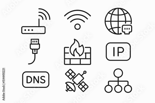 Networking icons set: router, wi-fi, firewall, ip, dns, satellite, hierarchy