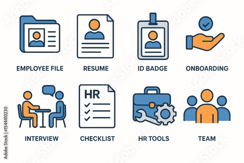 Hr management icons: employee file, resume, id badge, onboarding, interview, checklist, hr tools, team