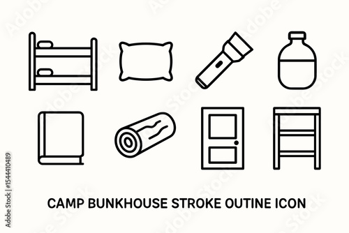 Camping essentials icons: bunk bed, pillow, flashlight, water bottle, log, door, shelf