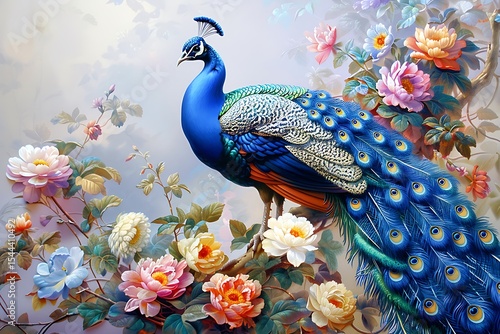A vibrant peacock perched on a branch surrounded by colorful flowers in a painterly style artwork