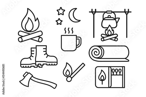 Camping icons: campfire, boots, axe, and more for outdoor adventures