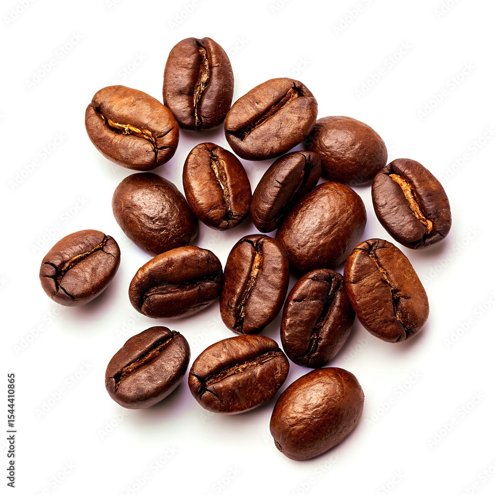 Roasted coffee beans isolated on white background, high-resolution food ingredient Roasted coffee beans isolated on white background, high-resolution food ingredient