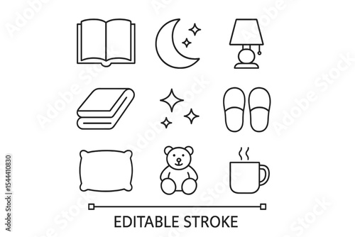 Cozy nighttime essentials: book, moon, lamp, blanket, pillow, teddy bear, slippers, stars, mug