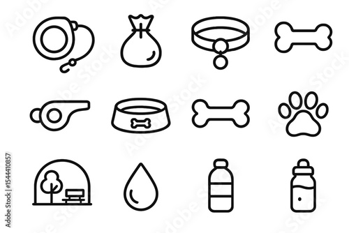 Outline icons of pet items: collar, leash, bowl, bone, paw print, whistle
