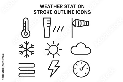 Weather station outline icons: thermometer, anemometer, cloud, sun, snowflake, lightning