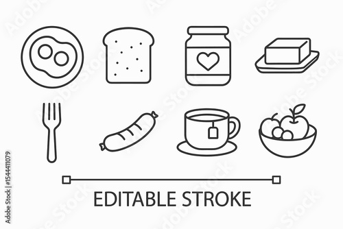 Breakfast icon set: eggs, toast, jam, butter, sausage, tea, fruit