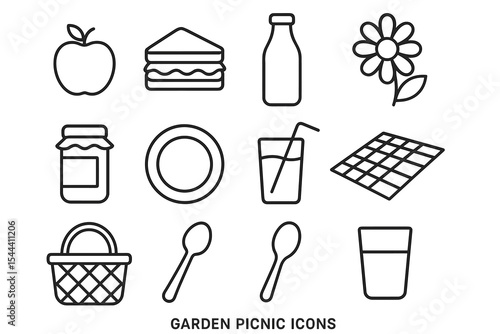 Garden picnic icons set: basket, food items, and outdoor elements