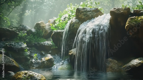 Wallpaper Mural A scenic view of a small waterfall cascading over rocks into a serene pool surrounded by lush greenery Torontodigital.ca