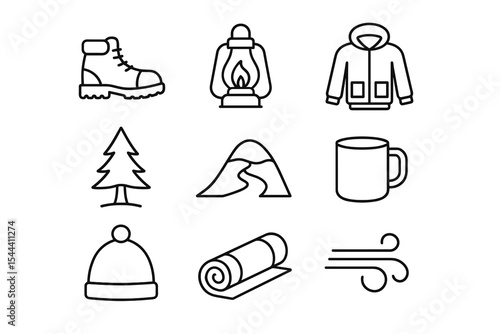 Winter essentials: boots, lantern, parka, tree, mountain, mug, hat, blanket, wind icons