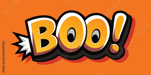 Illustration of the word boo with cartoon eyes and an explosion on an orange background