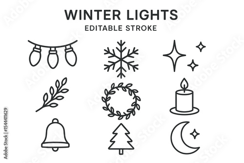 Winter lights icons collection: snowflake, candle, bell, tree, moon, stars
