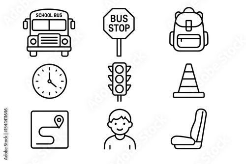 School bus and safety icons: backpack, traffic light, child illustration